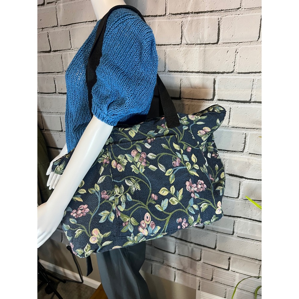 Vintage 1990s Floral Tapestry Tote Bag Navy Blue Woven Berry Vine Shoulder Bag